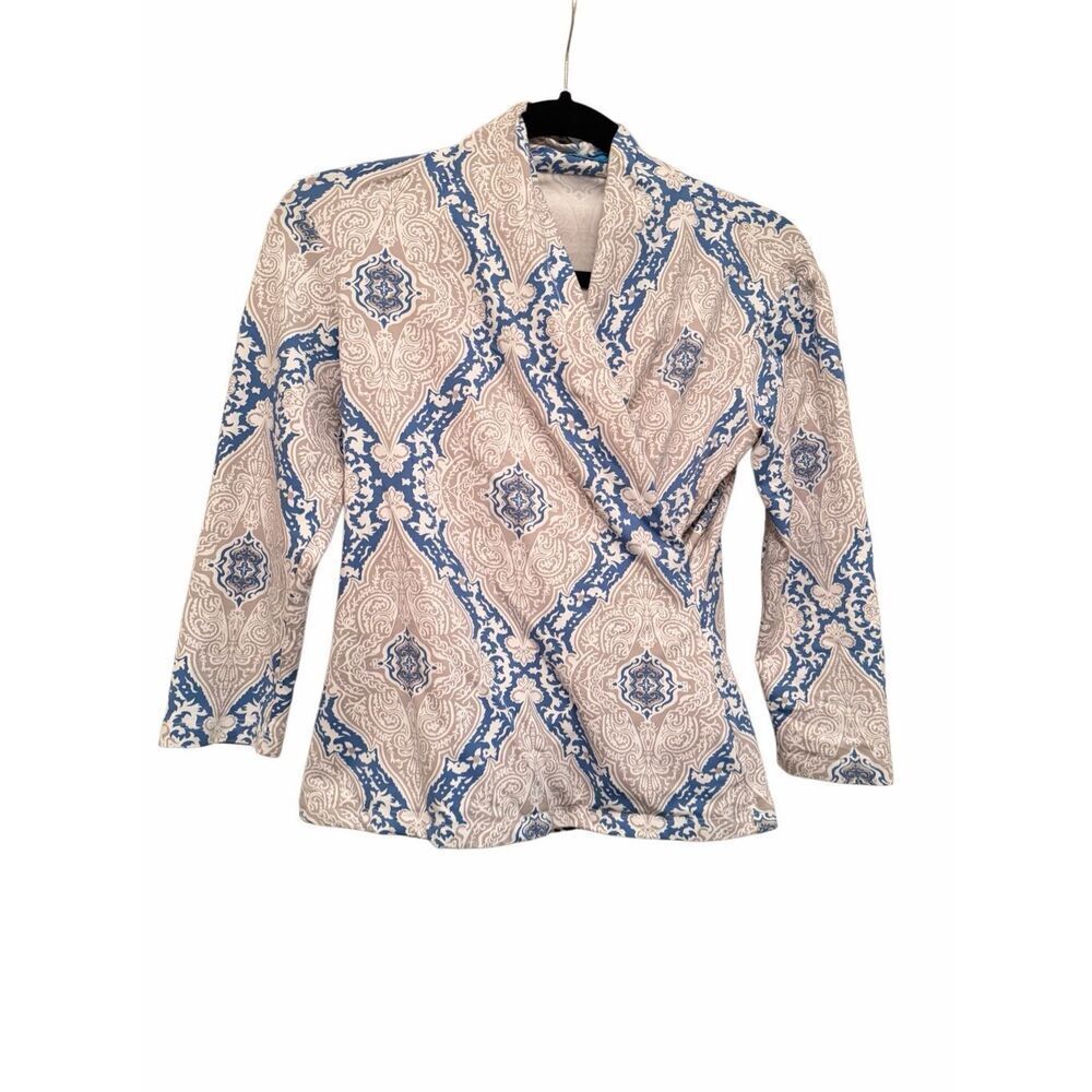 J. McLaughlin Blue and Tan 3/4 sleeve Blouse- Size S